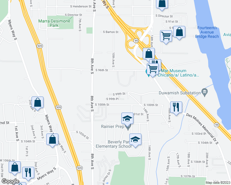 map of restaurants, bars, coffee shops, grocery stores, and more near 1100 South 99th Street in Seattle