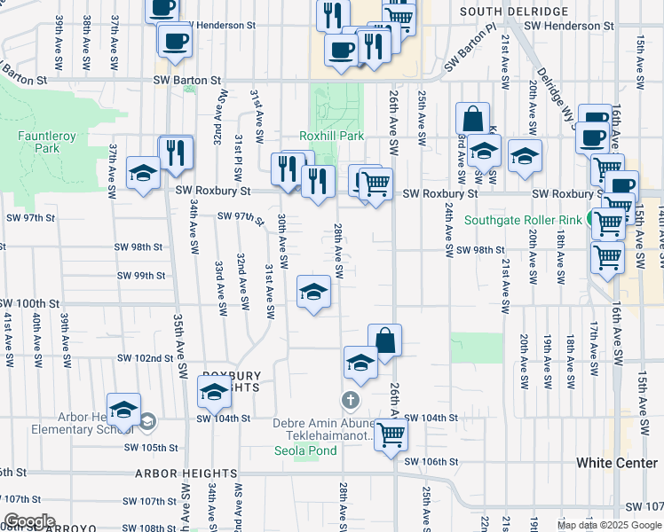 map of restaurants, bars, coffee shops, grocery stores, and more near 9810 28th Avenue Southwest in Seattle