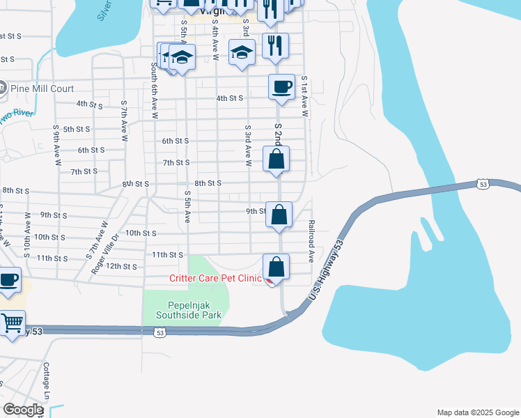 map of restaurants, bars, coffee shops, grocery stores, and more near 903 2 1/2 Avenue West in Virginia