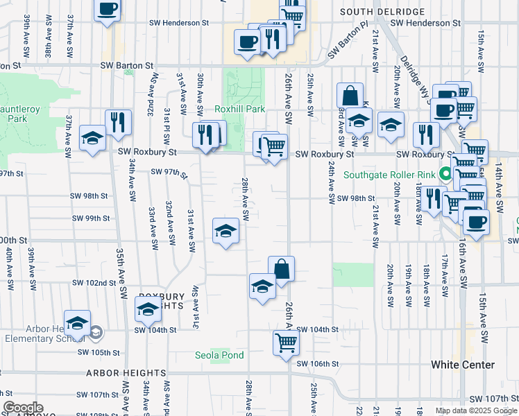 map of restaurants, bars, coffee shops, grocery stores, and more near 9741 26th Avenue Southwest in Seattle