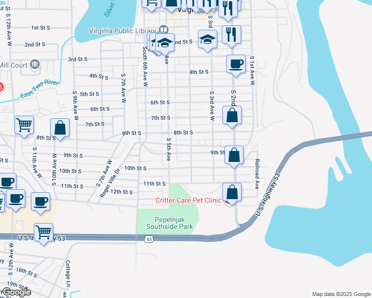 map of restaurants, bars, coffee shops, grocery stores, and more near 904 South 4th Avenue West in Virginia