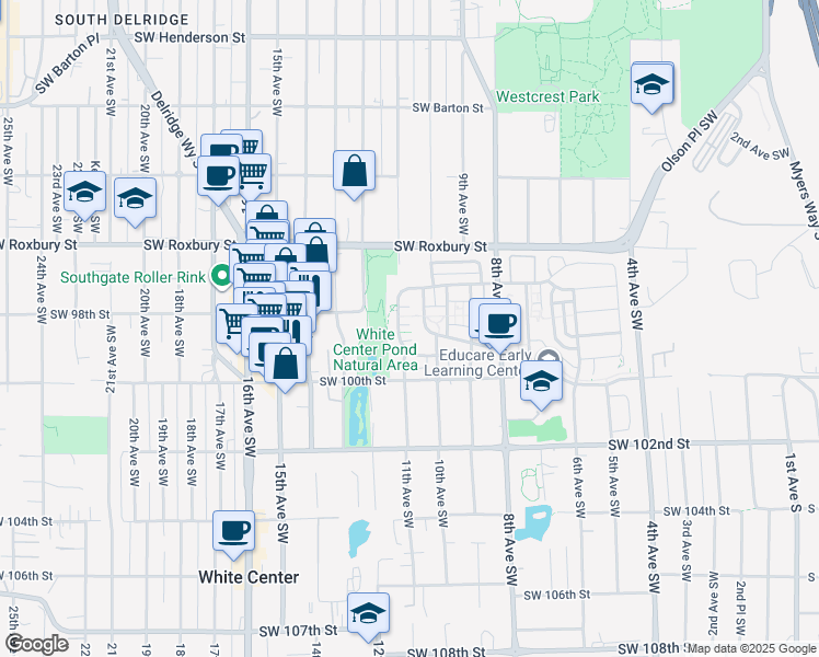 map of restaurants, bars, coffee shops, grocery stores, and more near 9792 11th Avenue Southwest in Seattle