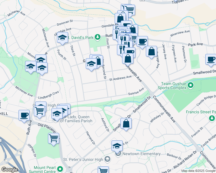 map of restaurants, bars, coffee shops, grocery stores, and more near 35 Second Street in Mount Pearl
