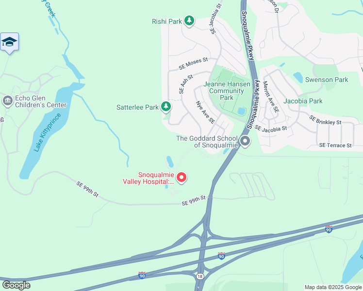 map of restaurants, bars, coffee shops, grocery stores, and more near 9624 Frontier Avenue Southeast in Snoqualmie
