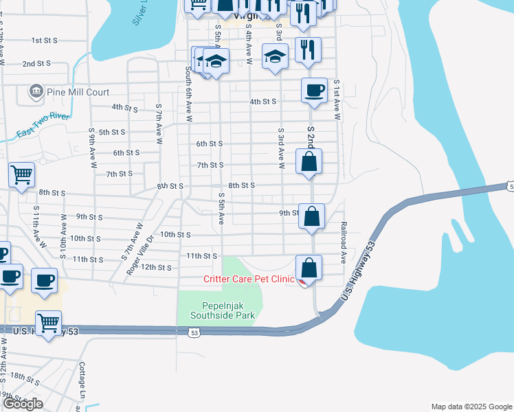 map of restaurants, bars, coffee shops, grocery stores, and more near 904 South 4th Avenue West in Virginia