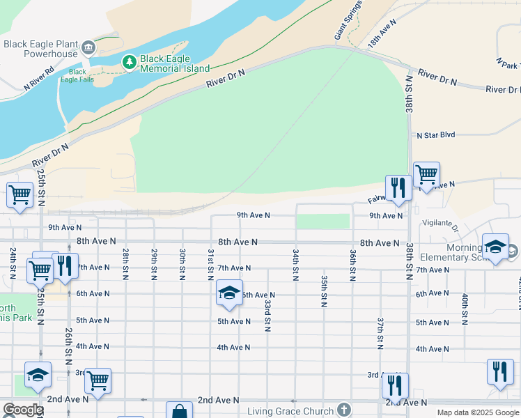 map of restaurants, bars, coffee shops, grocery stores, and more near 3217 9th Avenue North in Great Falls