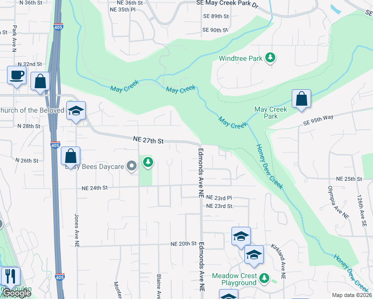 map of restaurants, bars, coffee shops, grocery stores, and more near 2401 Northeast 27th Street in Renton