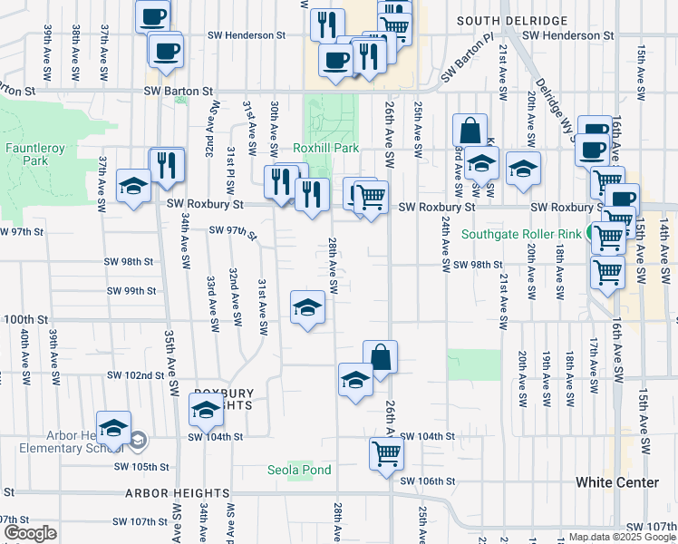 map of restaurants, bars, coffee shops, grocery stores, and more near 9810 28th Avenue Southwest in Seattle