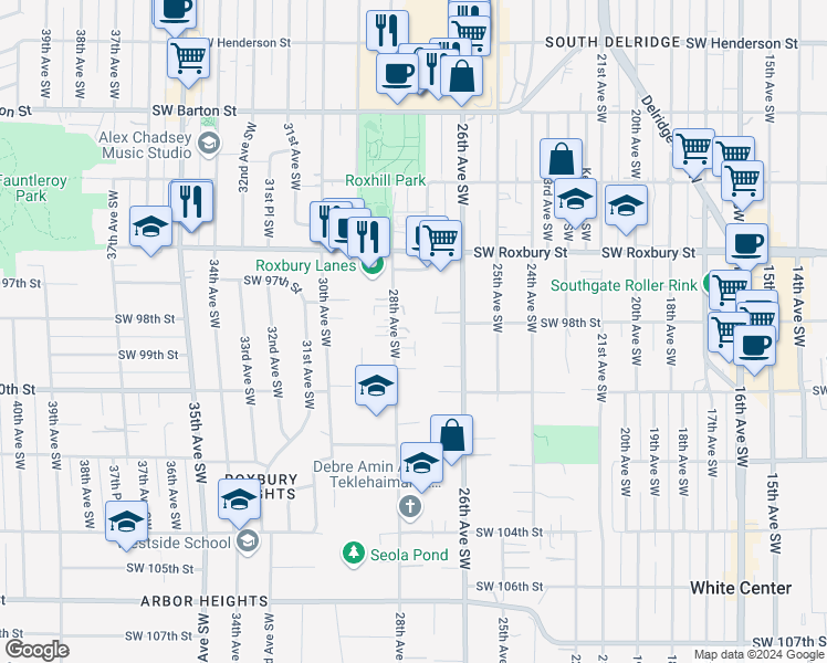 map of restaurants, bars, coffee shops, grocery stores, and more near 9810 28th Avenue Southwest in Seattle