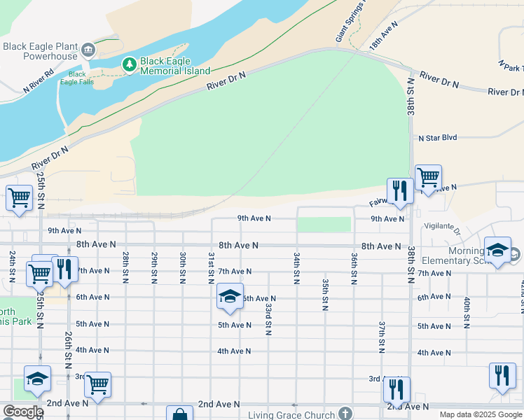 map of restaurants, bars, coffee shops, grocery stores, and more near 3217 9th Avenue North in Great Falls