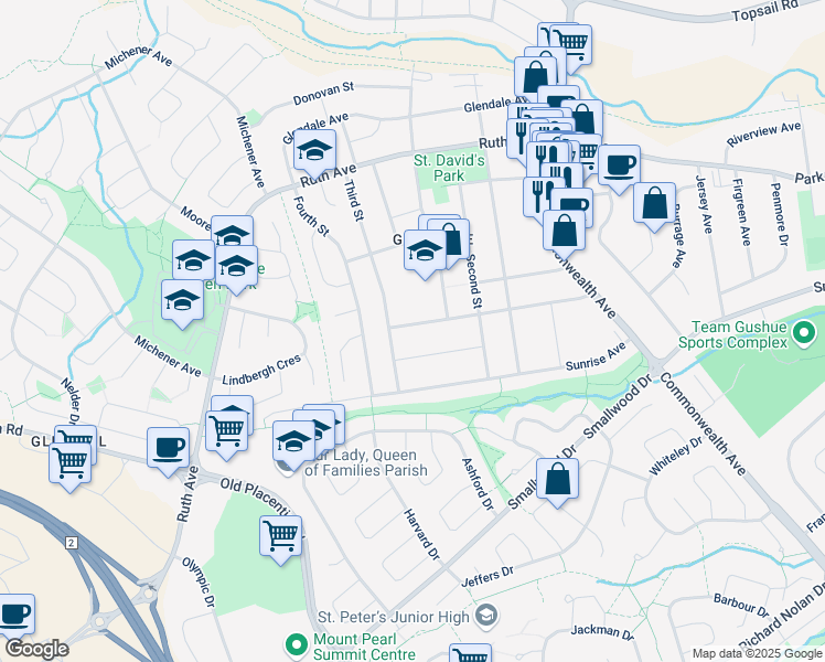 map of restaurants, bars, coffee shops, grocery stores, and more near 49 Saint Andrews Avenue in Mount Pearl