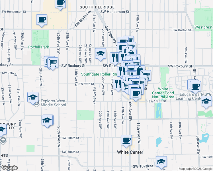 map of restaurants, bars, coffee shops, grocery stores, and more near 1909 Southwest 98th Street in Seattle