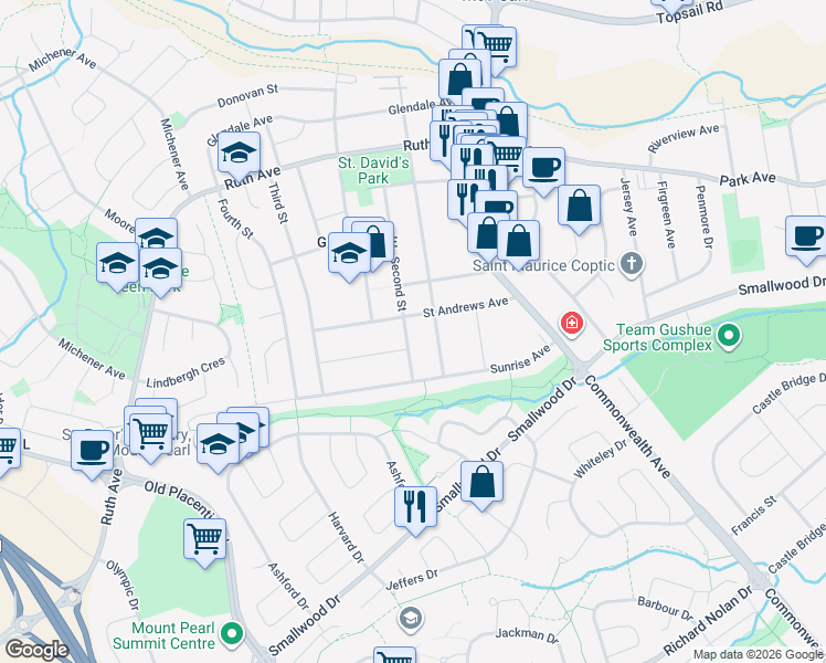 map of restaurants, bars, coffee shops, grocery stores, and more near 33 Second Street in Mount Pearl