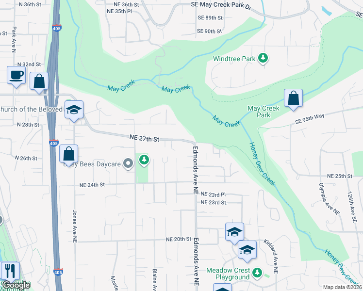 map of restaurants, bars, coffee shops, grocery stores, and more near 2401 Northeast 27th Street in Renton