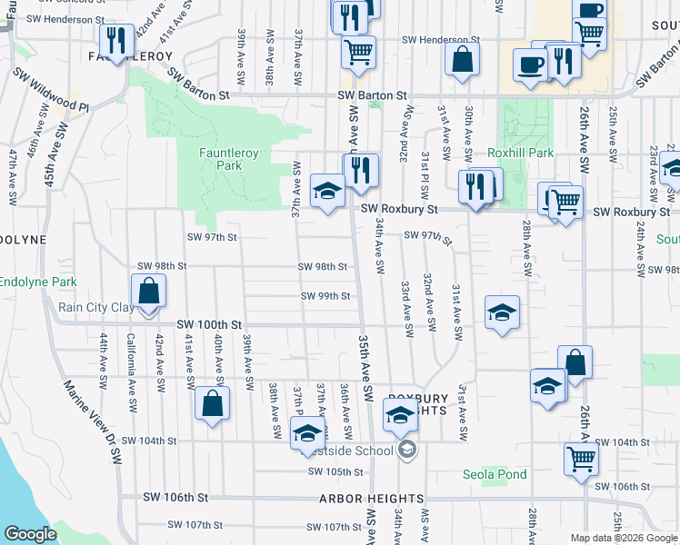 map of restaurants, bars, coffee shops, grocery stores, and more near 3517 Southwest 98th Street in Seattle