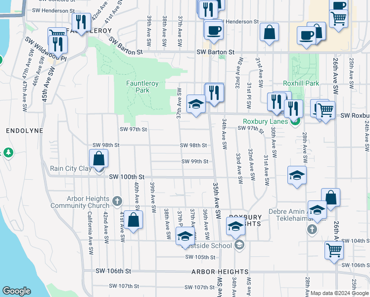 map of restaurants, bars, coffee shops, grocery stores, and more near 3559 Southwest 98th Street in Seattle