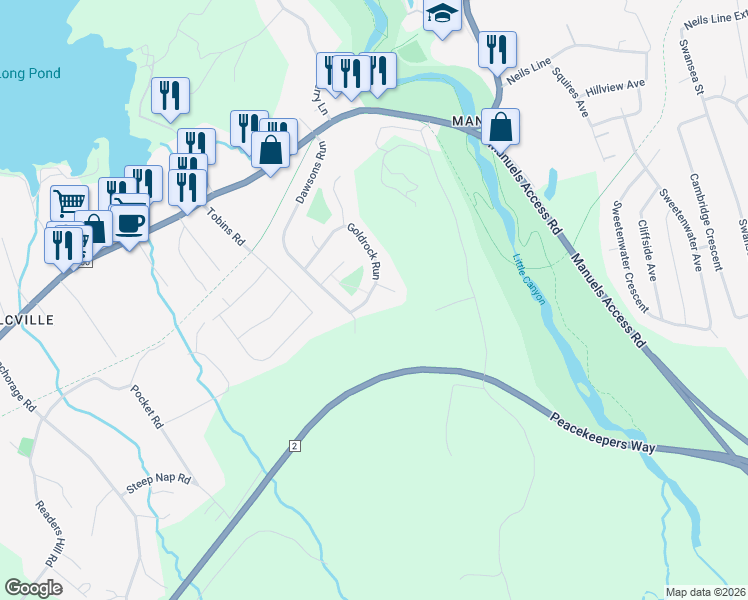 map of restaurants, bars, coffee shops, grocery stores, and more near 57 Goldrock Run in Conception Bay South