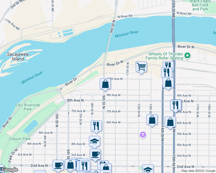 map of restaurants, bars, coffee shops, grocery stores, and more near 901 9th Street North in Great Falls