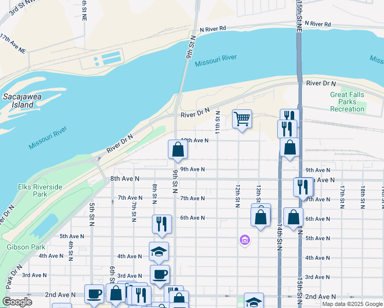 map of restaurants, bars, coffee shops, grocery stores, and more near 901 9th Street North in Great Falls