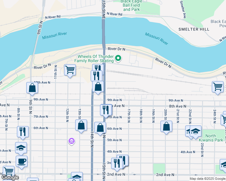 map of restaurants, bars, coffee shops, grocery stores, and more near in Great Falls