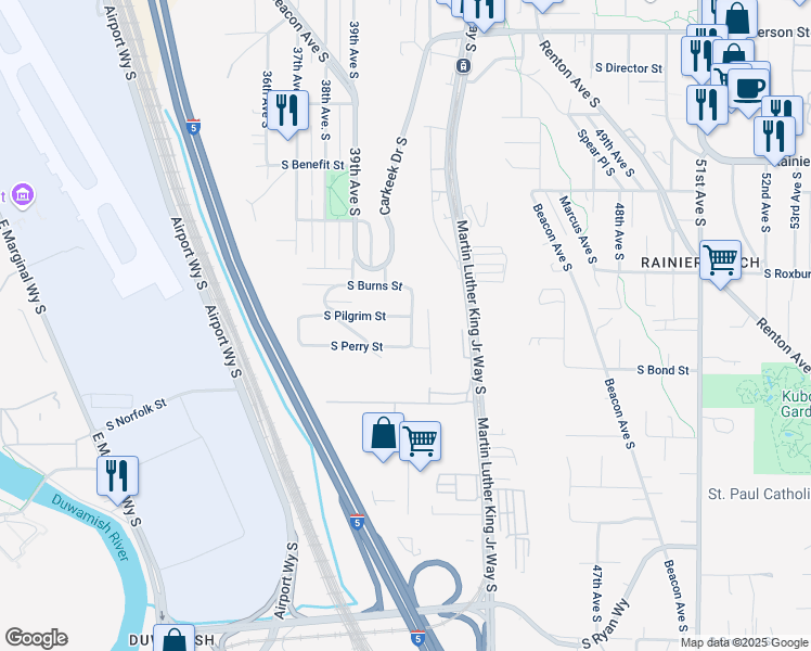 map of restaurants, bars, coffee shops, grocery stores, and more near 9703 41st Avenue South in Seattle