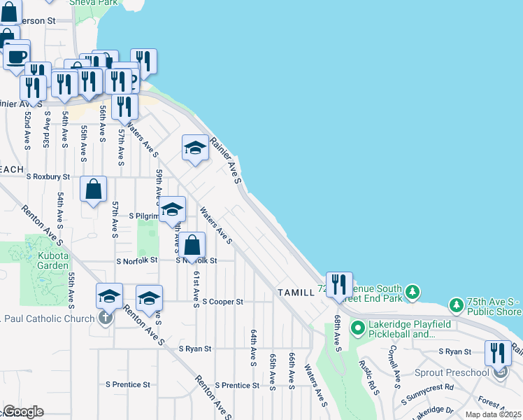 map of restaurants, bars, coffee shops, grocery stores, and more near 9746 Rainier Avenue South in Seattle