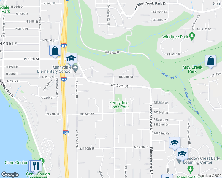 map of restaurants, bars, coffee shops, grocery stores, and more near 2625 Aberdeen Avenue Northeast in Renton