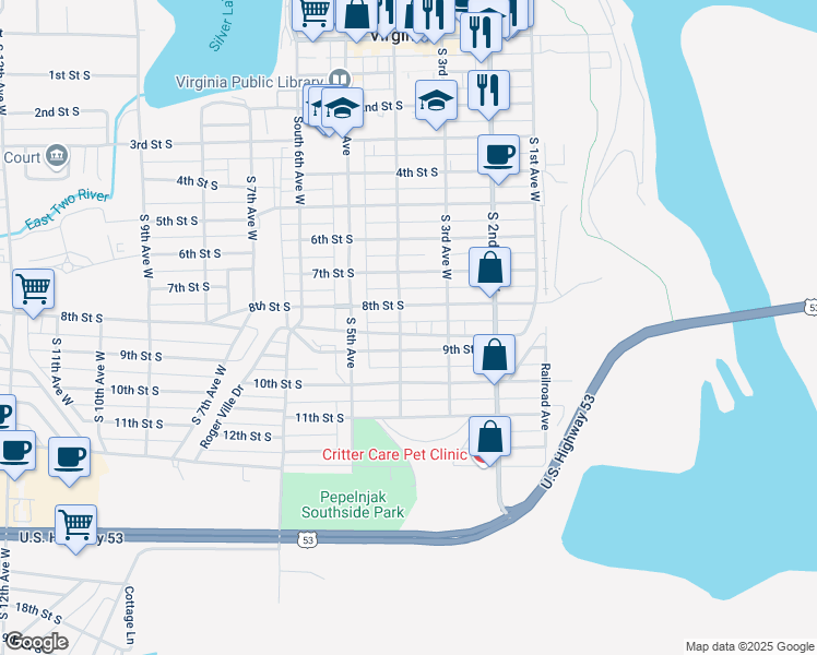 map of restaurants, bars, coffee shops, grocery stores, and more near 904 South 4th Avenue West in Virginia