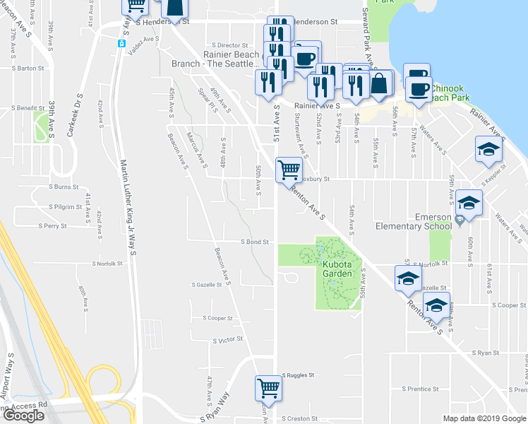 map of restaurants, bars, coffee shops, grocery stores, and more near 5001 South Pilgrim Street in Seattle