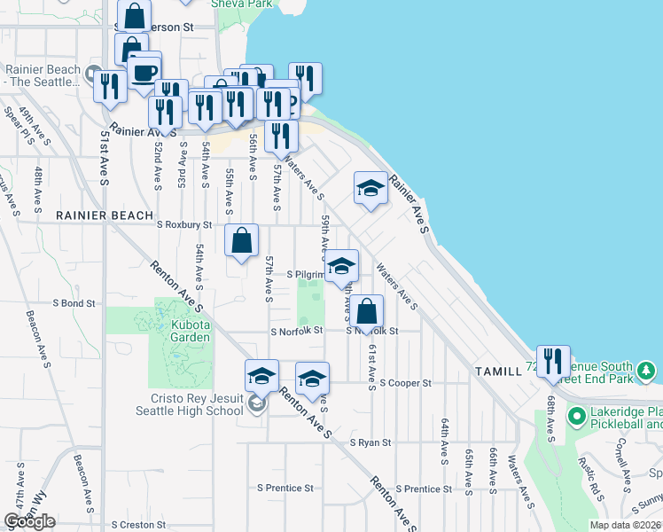 map of restaurants, bars, coffee shops, grocery stores, and more near 9642 59th Avenue South in Seattle