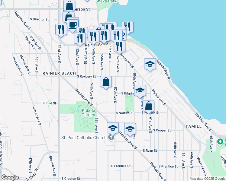 map of restaurants, bars, coffee shops, grocery stores, and more near 9642 57th Avenue South in Seattle