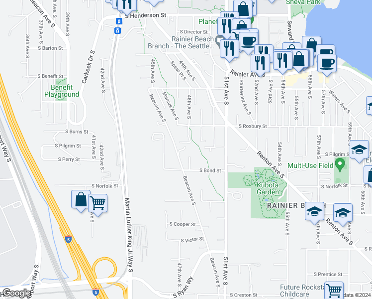 map of restaurants, bars, coffee shops, grocery stores, and more near 9652 Beacon Avenue South in Seattle