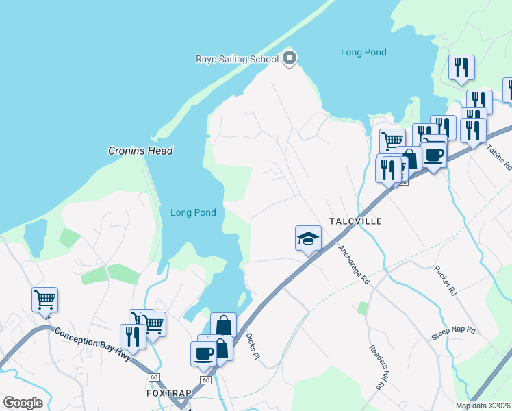 map of restaurants, bars, coffee shops, grocery stores, and more near 30 Bairds Lane in Conception Bay South