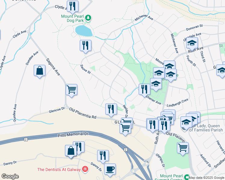 map of restaurants, bars, coffee shops, grocery stores, and more near 2 Osmond Place in Mount Pearl