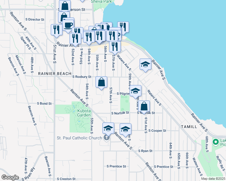 map of restaurants, bars, coffee shops, grocery stores, and more near 9642 57th Avenue South in Seattle