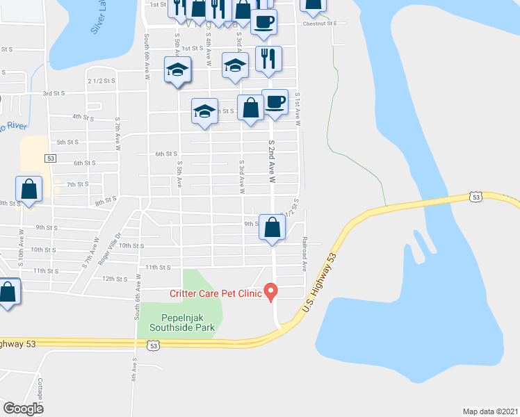 map of restaurants, bars, coffee shops, grocery stores, and more near 903 2 1/2 Avenue West in Virginia