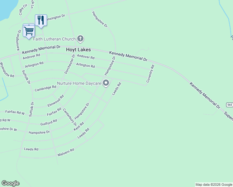 map of restaurants, bars, coffee shops, grocery stores, and more near 412 Leeds Road in Hoyt Lakes