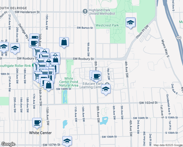 map of restaurants, bars, coffee shops, grocery stores, and more near 9742 9th Avenue Southwest in Seattle