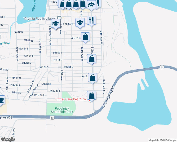 map of restaurants, bars, coffee shops, grocery stores, and more near 903 2 1/2 Avenue West in Virginia