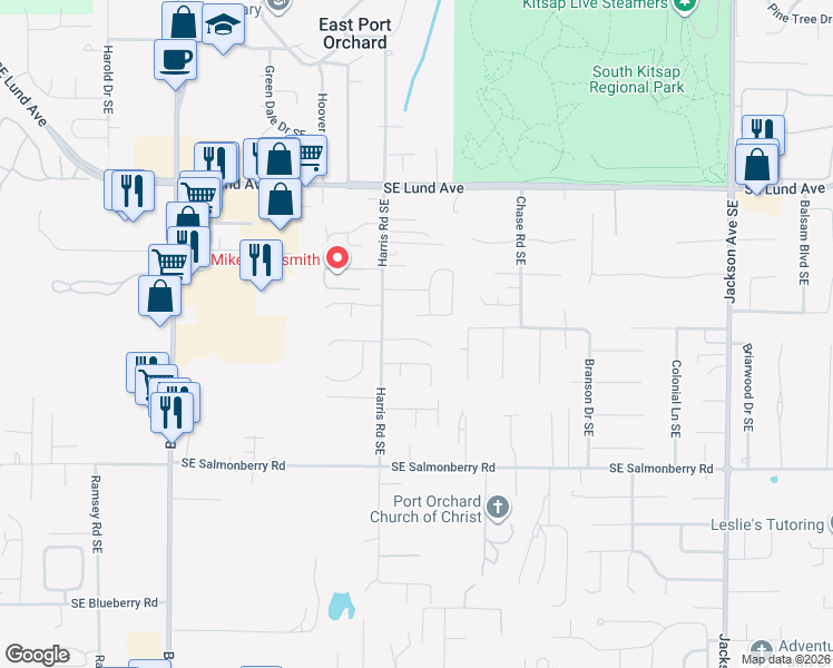 map of restaurants, bars, coffee shops, grocery stores, and more near 2243 Southeast Moritz Way in Port Orchard