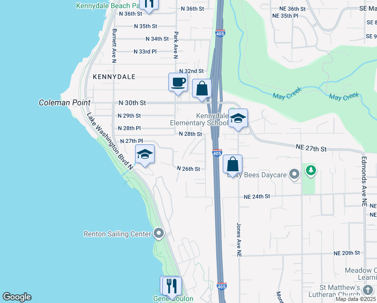map of restaurants, bars, coffee shops, grocery stores, and more near 2625 Meadow Place North in Renton