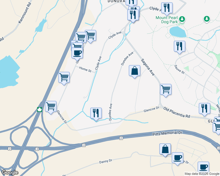 map of restaurants, bars, coffee shops, grocery stores, and more near 30 Dundee Avenue in Mount Pearl