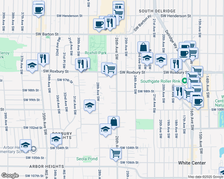 map of restaurants, bars, coffee shops, grocery stores, and more near 9741 26th Avenue Southwest in Seattle