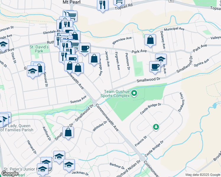 map of restaurants, bars, coffee shops, grocery stores, and more near 50 Jersey Avenue in Mount Pearl