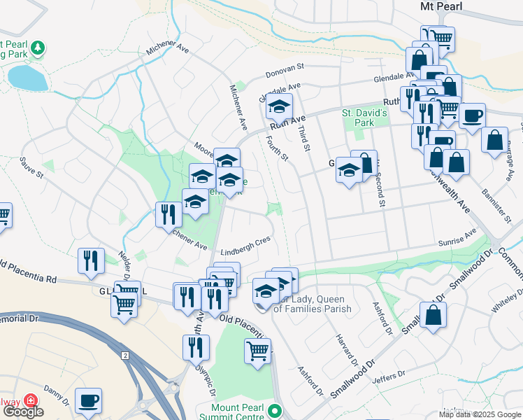 map of restaurants, bars, coffee shops, grocery stores, and more near 52 Lindbergh Crescent in Mount Pearl