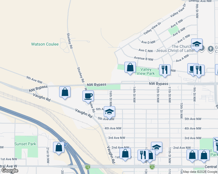 map of restaurants, bars, coffee shops, grocery stores, and more near 1429 8th Avenue Northwest in Great Falls