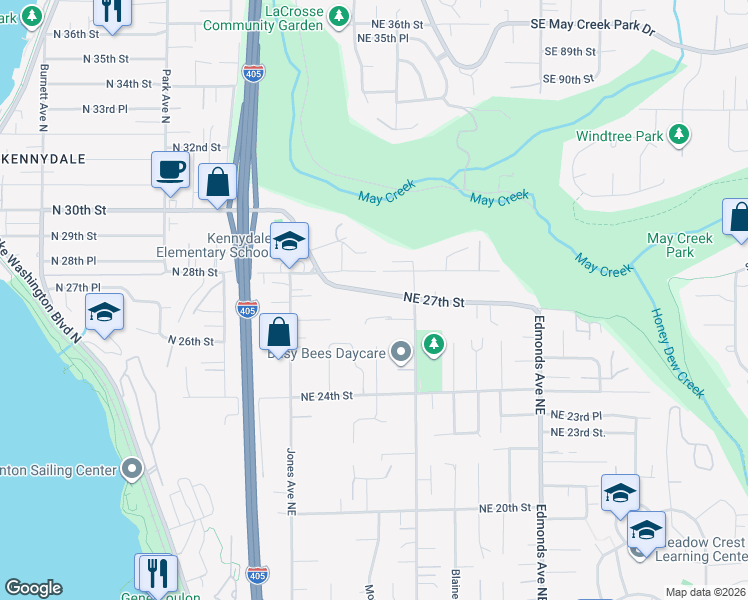 map of restaurants, bars, coffee shops, grocery stores, and more near 1915 Northeast 27th Street in Renton