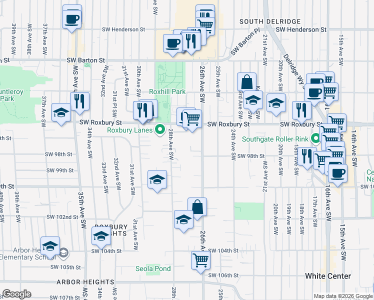 map of restaurants, bars, coffee shops, grocery stores, and more near 9741 26th Avenue Southwest in Seattle