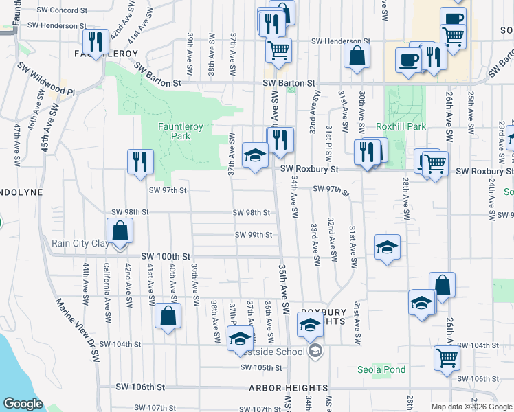 map of restaurants, bars, coffee shops, grocery stores, and more near 3517 Southwest 98th Street in Seattle