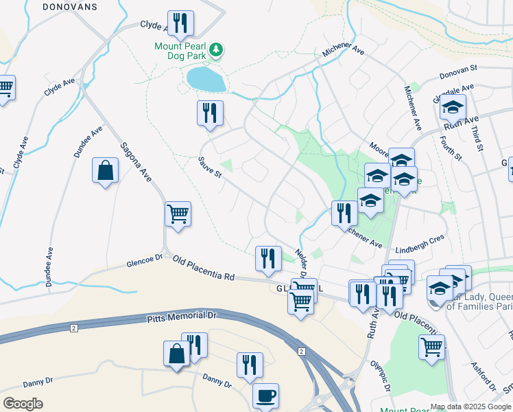 map of restaurants, bars, coffee shops, grocery stores, and more near 1 Babb Crescent in Mount Pearl